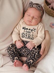 SHEIN Kids Kids Kids Newborn Letter Print Top Kids & Leopard Print Pants Loungewear Set - Beige - View 1