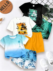 6件套男童夏季套装：橙色日落海滩假日图案T恤和橙色短裤；蓝白渐变棕榈树T恤和热带植物印花渐变短裤；绿色夏季海滩图案黑色T恤和棕榈树热带植物印花短裤 - 彩色 - 查看 6