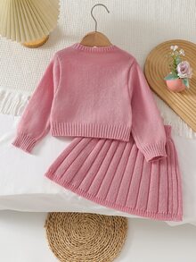 Young Girl Long Sleeve Bow Cardigan & Knitted Pleated Skirt 2-Piece Set, Pink, Suitable For Spring, Autumn, Winter, Pairs With Padded Coat, Denim Jeans - Pink - View 3