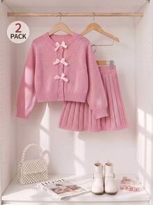 Young Girl Long Sleeve Bow Cardigan & Knitted Pleated Skirt 2-Piece Set, Pink, Suitable For Spring, Autumn, Winter, Pairs With Padded Coat, Denim Jeans - Pink - View 5