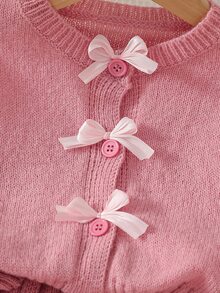 Young Girl Long Sleeve Bow Cardigan & Knitted Pleated Skirt 2-Piece Set, Pink, Suitable For Spring, Autumn, Winter, Pairs With Padded Coat, Denim Jeans - Pink - View 10