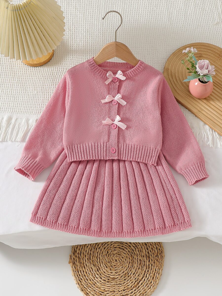 Young Girl Long Sleeve Bow Cardigan & Knitted Pleated Skirt 2-Piece Set, Pink, Suitable For Spring, Autumn, Winter, Pairs With Padded Coat, Denim Jeans