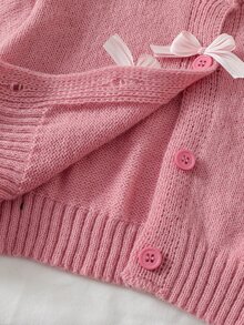Young Girl Long Sleeve Bow Cardigan & Knitted Pleated Skirt 2-Piece Set, Pink, Suitable For Spring, Autumn, Winter, Pairs With Padded Coat, Denim Jeans - Pink - View 14