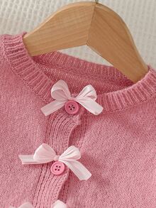 Young Girl Long Sleeve Bow Cardigan & Knitted Pleated Skirt 2-Piece Set, Pink, Suitable For Spring, Autumn, Winter, Pairs With Padded Coat, Denim Jeans - Pink - View 9