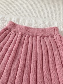 Young Girl Long Sleeve Bow Cardigan & Knitted Pleated Skirt 2-Piece Set, Pink, Suitable For Spring, Autumn, Winter, Pairs With Padded Coat, Denim Jeans - Pink - View 12