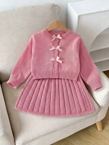 Young Girl Long Sleeve Bow Cardigan & Knitted Pleated Skirt 2-Piece Set, Pink, Suitable For Spring, Autumn, Winter, Pairs With Padded Coat, Denim Jeans - Pink - View 4