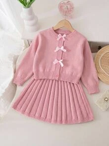 Young Girl Long Sleeve Bow Cardigan & Knitted Pleated Skirt 2-Piece Set, Pink, Suitable For Spring, Autumn, Winter, Pairs With Padded Coat, Denim Jeans - Pink - View 7