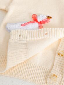SHEIN Vintaside Kids 女童粉色圓領針織開襟毛衣，柔軟田園風，3D毛巾繡花蝴蝶結，可愛甜美卡通休閒款，適合秋冬外出、旅行、玩耍與戶外遠足 - 杏色 - 查看 6