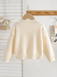 SHEIN Vintaside Kids 女童粉色圓領針織開襟毛衣，柔軟田園風，3D毛巾繡花蝴蝶結，可愛甜美卡通休閒款，適合秋冬外出、旅行、玩耍與戶外遠足 - 杏色 - 查看 2