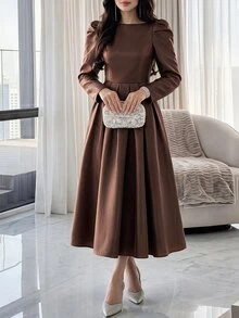 Feyla Vestido midi elegante de unicolor con pliegues y cintura ceñida para mujer, para fiesta, otoño - Marrón - Ver 5
