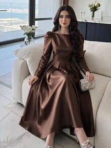 Feyla Vestido midi elegante de unicolor con pliegues y cintura ceñida para mujer, para fiesta, otoño - Marrón - Ver 2