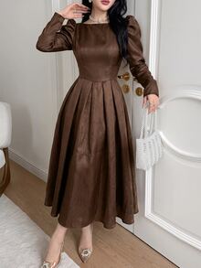 Feyla Vestido midi elegante de unicolor con pliegues y cintura ceñida para mujer, para fiesta, otoño - Marrón - Ver 7