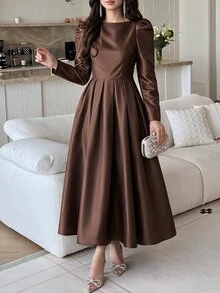 Feyla Vestido midi elegante de unicolor con pliegues y cintura ceñida para mujer, para fiesta, otoño - Marrón - Ver 1