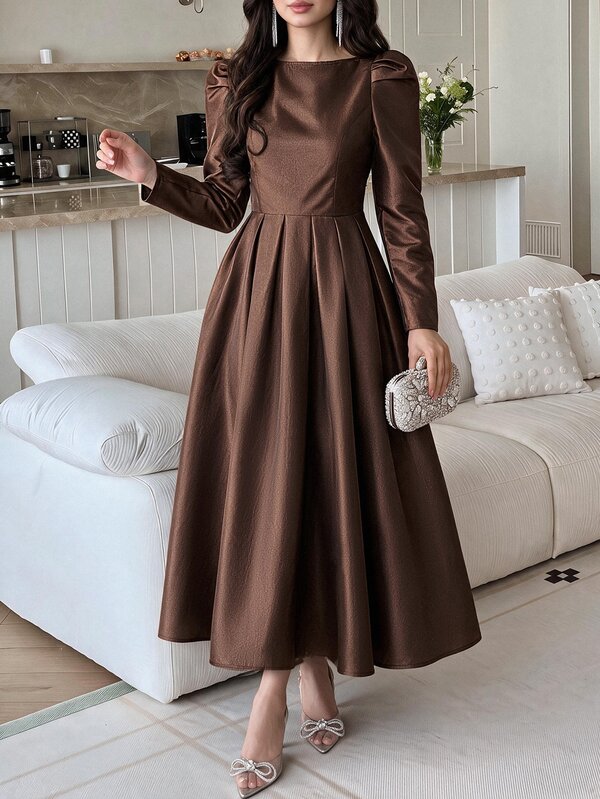 Feyla Women's Solid Color Pleated Elegant Cinched Waist Midi Dress For Party , Fall