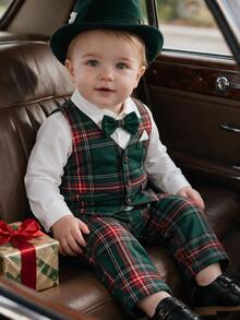 SHEIN Souflis Baby Boy Handsome Gentleman Vest Long Sleeve 3 Pieces Suit Set, Autumn/Winter - Dark Green - View 2