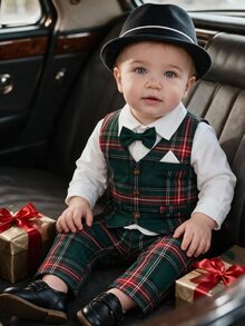 SHEIN Souflis Baby Boy Handsome Gentleman Vest Long Sleeve 3 Pieces Suit Set, Autumn/Winter - Dark Green - View 1