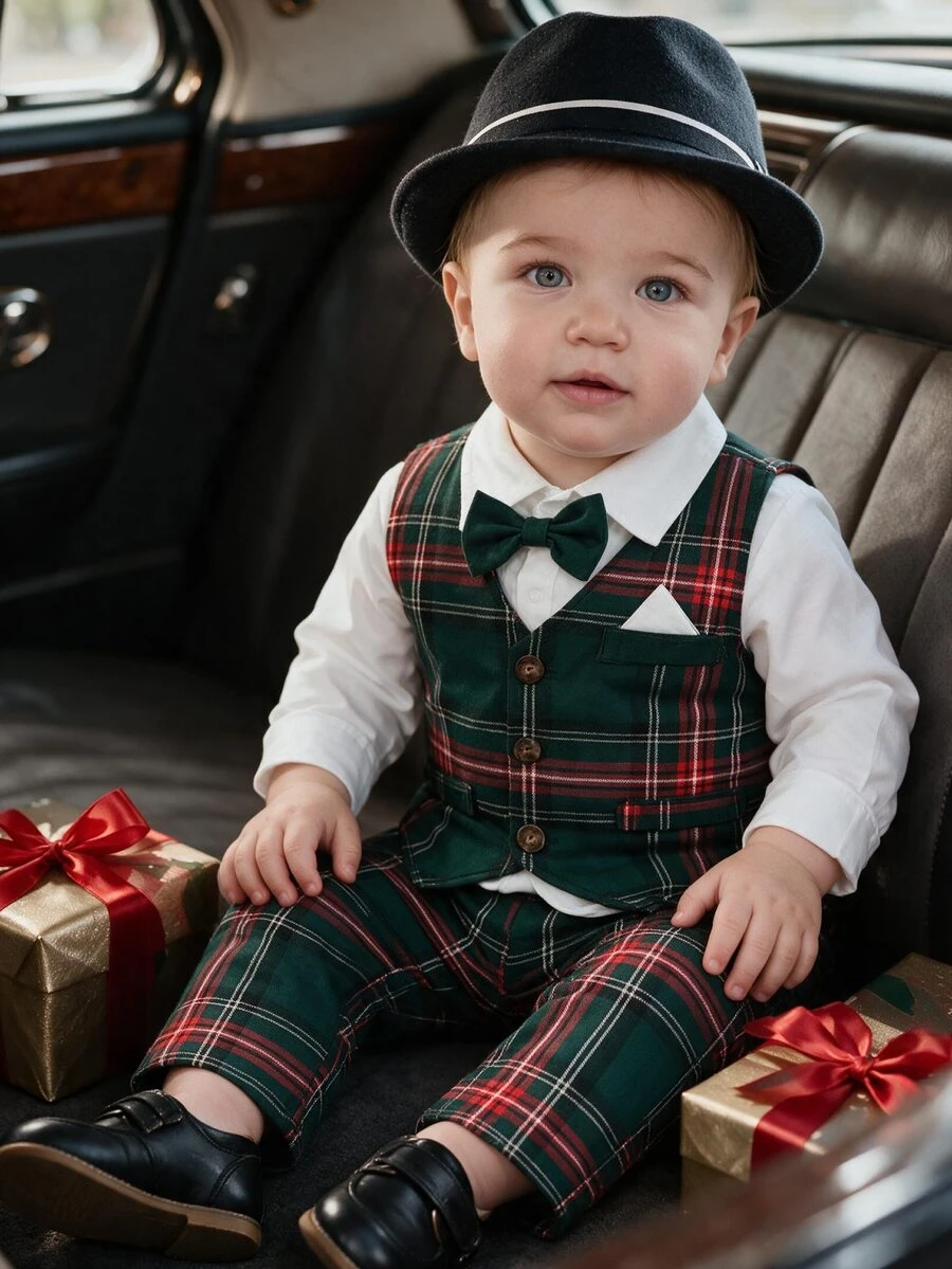 SHEIN Souflis Baby Boy Handsome Gentleman Vest Long Sleeve 3 Pieces Suit Set, Autumn/Winter - Dark Green - View 1