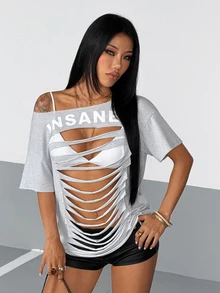 StreetHx Women's Grey Ripped Front Sexy Hollow Out Fringe Design StreetWear Y2K Baddie Punk Rock Oversized Suitable For Halloween Short Sleeve T-Shirt - Grey - View 6