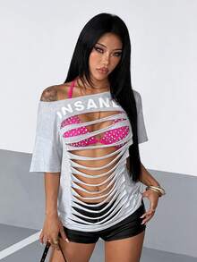 StreetHx Women's Grey Ripped Front Sexy Hollow Out Fringe Design StreetWear Y2K Baddie Punk Rock Oversized Suitable For Halloween Short Sleeve T-Shirt - Grey - View 1