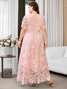 Reflora Plus Size Elegant Solid Color Lace Party Dress - Pink - View 3