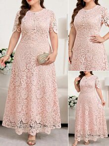Reflora Plus Size Elegant Solid Color Lace Party Dress - Pink - View 6