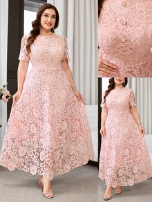 Reflora Plus Size Elegant Solid Color Lace Party Dress - Pink - View 2