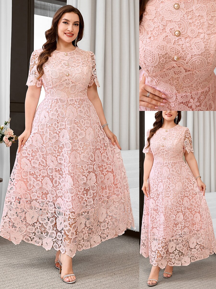 Reflora Plus Size Elegant Solid Color Lace Party Dress