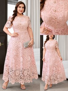 Reflora Plus Size Elegant Solid Color Lace Party Dress - Pink - View 8