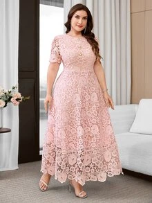 Reflora Plus Size Elegant Solid Color Lace Party Dress - Pink - View 4