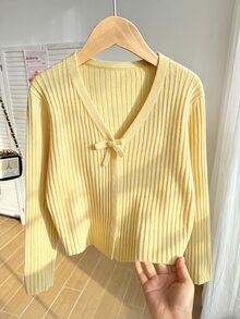 SHEIN 青少年女孩薄款蝴蝶結針織開襟衫，可單穿或作為外套，適合搭配細肩帶洋裝與上衣，秋冬適用 - 米色 - 查看 1