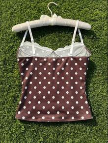 Comfortcana Women's Summer Elegant Lace Patchwork Polka Dot Print Camisole - Coffee Brown - View 2