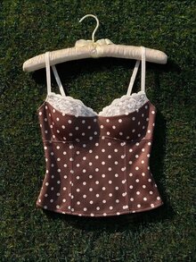 Comfortcana Women's Summer Elegant Lace Patchwork Polka Dot Print Camisole - Coffee Brown - View 3