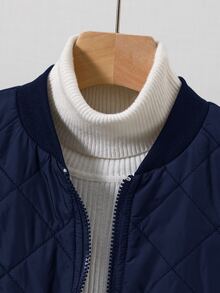 SHEIN 兒童青少年男孩休閒保暖內裡加厚深藍色冬季外套，適合秋冬，絎縫外套，適用於學校、旅行、生日派對、假期 - 藏蓝色 - 查看 4