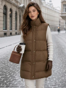 SHEIN Clasi Rompi Kasual Wanita Warna Polos dengan Resleting Depan dan Kantong, Pakaian Luar Musim Dingin - Coffee Brown - View 5