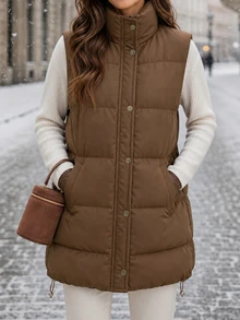 SHEIN Clasi Rompi Kasual Wanita Warna Polos dengan Resleting Depan dan Kantong, Pakaian Luar Musim Dingin - Coffee Brown - View 7