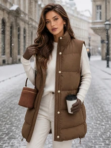 SHEIN Clasi Rompi Kasual Wanita Warna Polos dengan Resleting Depan dan Kantong, Pakaian Luar Musim Dingin - Coffee Brown - View 4