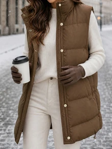 SHEIN Clasi Rompi Kasual Wanita Warna Polos dengan Resleting Depan dan Kantong, Pakaian Luar Musim Dingin - Coffee Brown - View 6