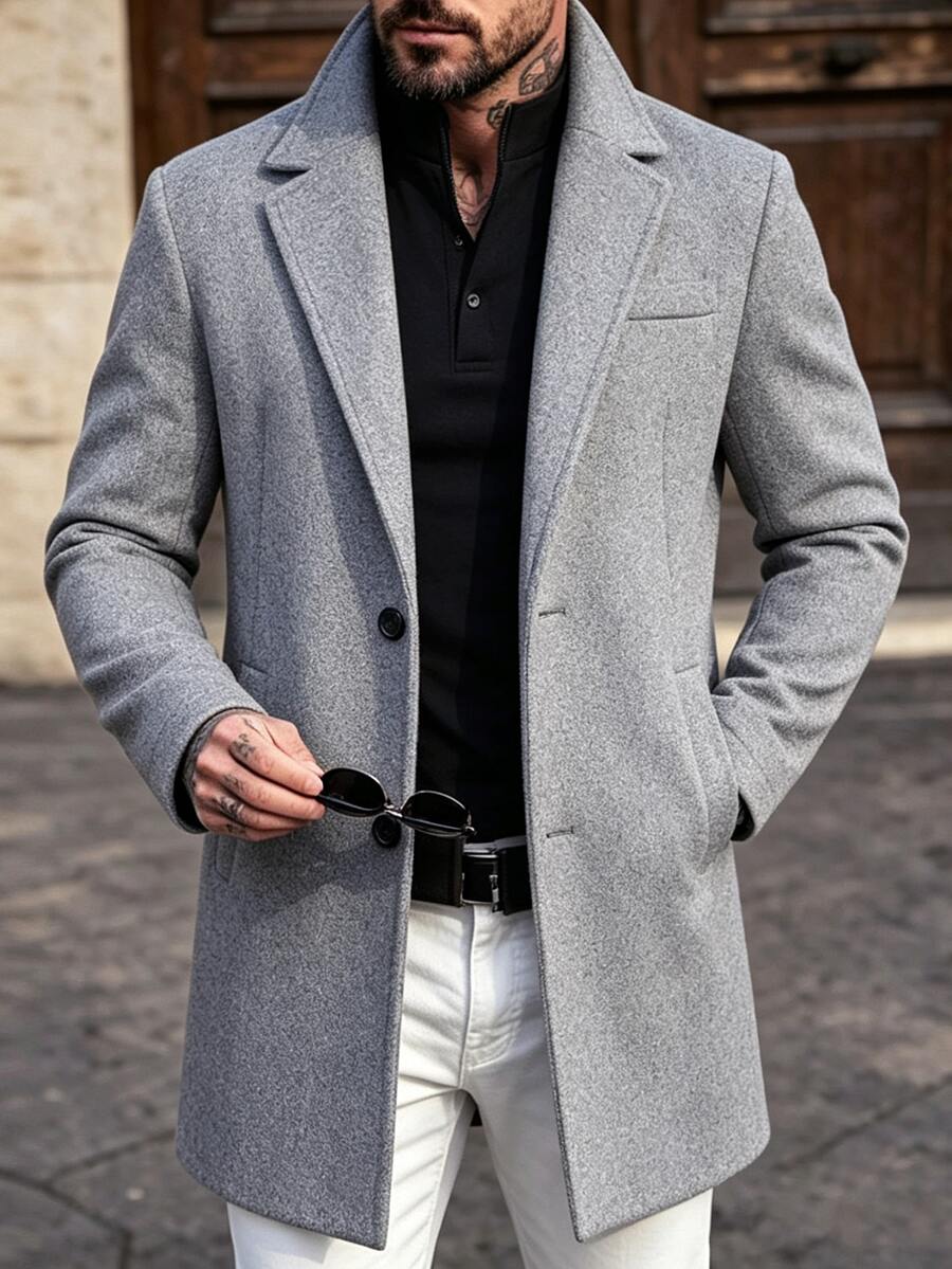 Manfinity Mode Men's Grey Mid-Length Wool Blend Blazer With Notch Lapel And Two-Button Closure, Business Casual Commuter Coat - Grey - View 1