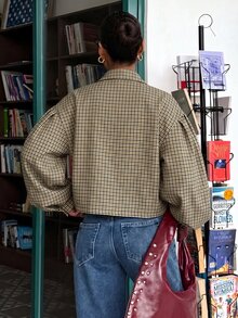Muchica Women's Casual Comfortable Brown Plaid Woven Long Sleeve Jacket, Autumn/Winter - Brown - View 2