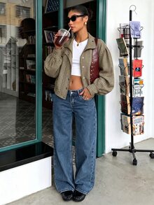 Muchica Women's Casual Comfortable Brown Plaid Woven Long Sleeve Jacket, Autumn/Winter - Brown - View 3