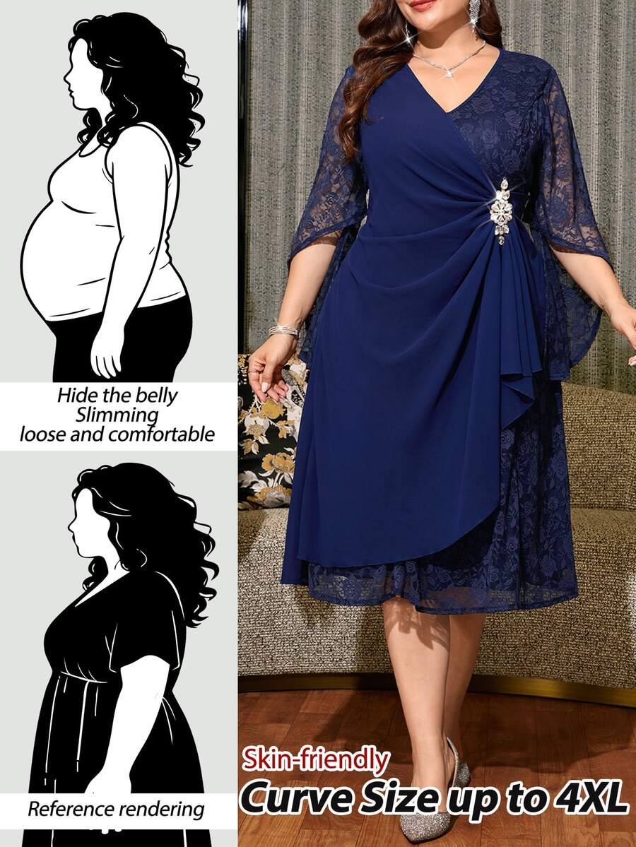 Reflora Plus Size Women's V-Neck Lace Patchwork Pleated Casual Elegant Party Formal Cocktail Formal Mother Of The Bride Wedding Dress Navy Blue Autumn Wedding