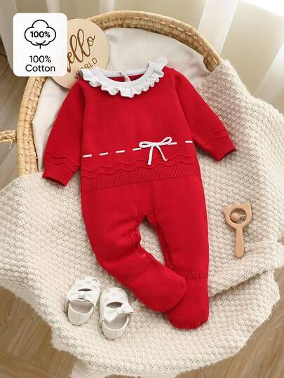 SHEIN Baby Girl Knit Romper, Lace Collar With Bow, Stylish Knit Jumpsuit