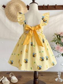 Emery Rose Kids Emery Rose Kids 女童編織條紋花卉與蜜蜂圖案方領荷葉邊休閒洋裝 - 彩色 - 查看 3