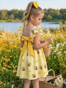 Emery Rose Kids Emery Rose Kids 女童編織條紋花卉與蜜蜂圖案方領荷葉邊休閒洋裝 - 彩色 - 查看 6