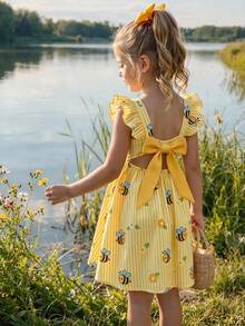 Emery Rose Kids Emery Rose Kids 女童編織條紋花卉與蜜蜂圖案方領荷葉邊休閒洋裝 - 彩色 - 查看 2