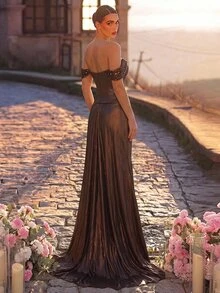 Glamrae Sexy Chocolate Brown Sequin Sequins Tulle Cowl Neck Corset Open Back Ruffle Mermaid Train Summer Ball Prom Wedding Guest Formal Evening Gown - Coffee Brown - View 8