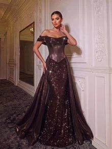 Glamrae Sexy Chocolate Brown Sequin Sequins Tulle Cowl Neck Corset Open Back Ruffle Mermaid Train Summer Ball Prom Wedding Guest Formal Evening Gown - Coffee Brown - View 6