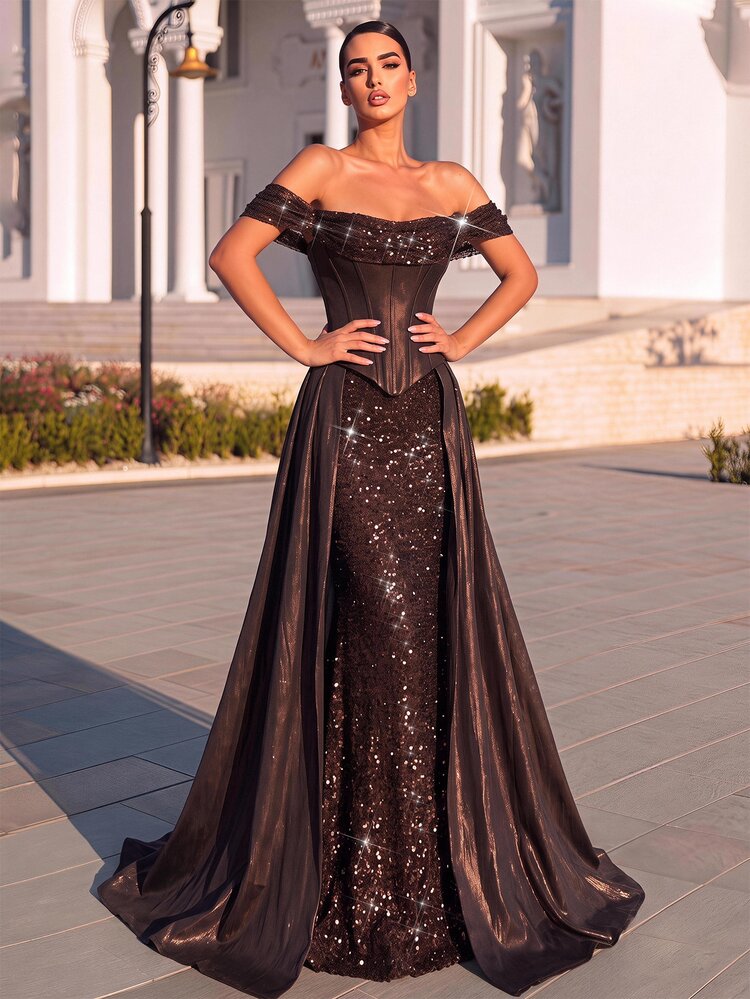 Glamrae Sexy Chocolate Brown Sequin Sequins Tulle Cowl Neck Corset Open Back Ruffle Mermaid Train Summer Ball Prom Wedding Guest Formal Evening Gown - Coffee Brown - View 1