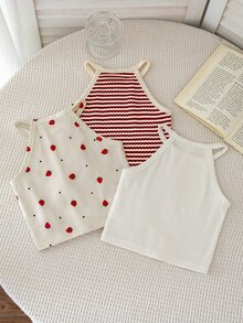 SHEIN 女童 3件組 草莓印花圓領休閒背心上衣，夏季時尚度假風 白色 - 彩色 - 查看 5