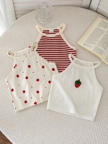 SHEIN 女童 3件組 草莓印花圓領休閒背心上衣，夏季時尚度假風 白色 - 彩色 - 查看 4